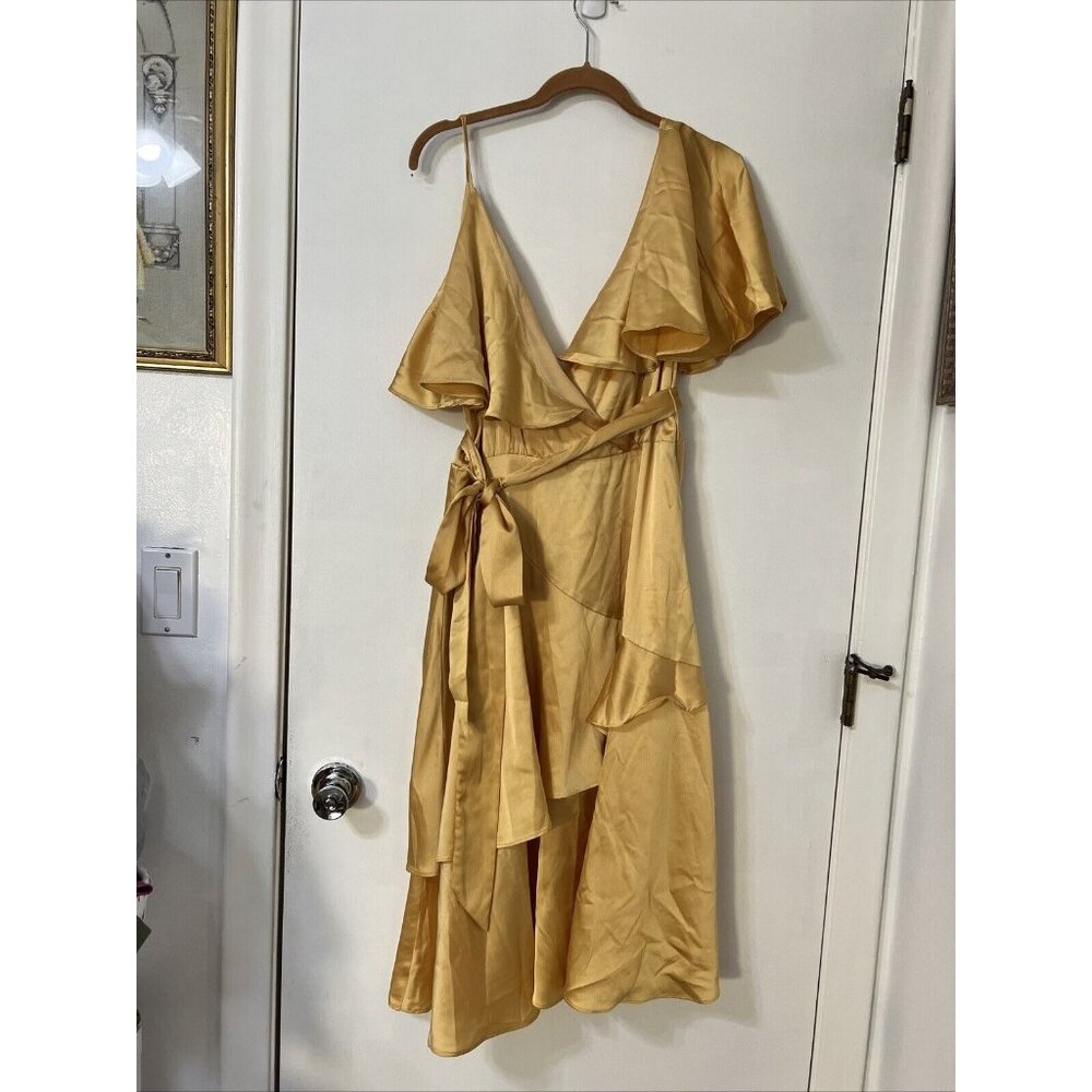 Lost‎ Ink Ruffled  Silky Evening Tea Dress Sz US M Gold Yellow Long V Neck Lined